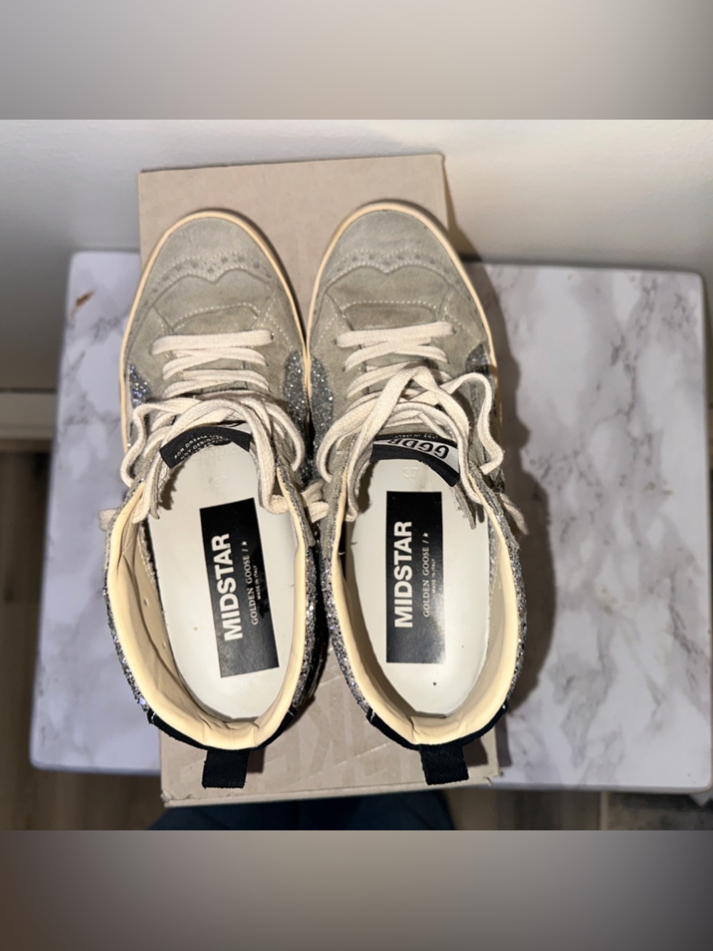 Golden Goose Silver Glitter High-Top Sneakers with Black Stripe - Picture 6 of 7